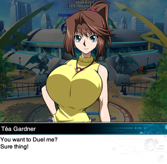 1girl alternate_breast_size blue_eyes breasts brown_hair english_text game_mod hair_ornament hair_scrunchie huge_breasts impossible_clothes impossible_shirt looking_at_viewer mazaki_anzu mod ponytail screencap scrunchie shirt sleeveless sleeveless_shirt smile solo thesanstorm tight_clothes tight_shirt yellow_shirt yu-gi-oh! yu-gi-oh!_duel_links yu-gi-oh!_duel_monsters