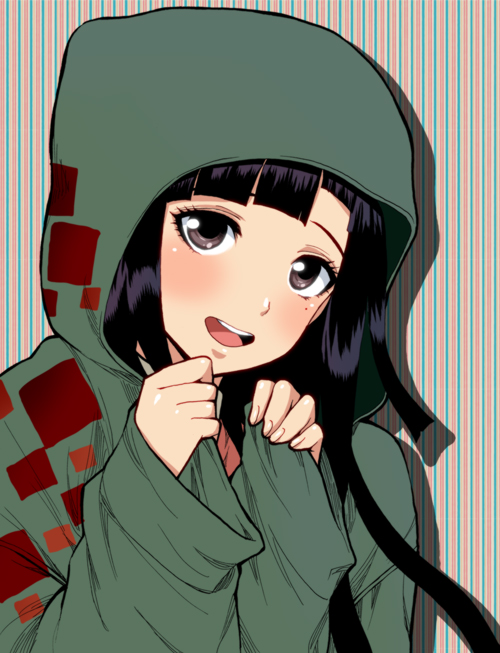 1girl black_hair blush brown_eyes cosplay danganronpa_(series) danganronpa_2:_goodbye_despair dosugon female_focus hood hoodie komaeda_nagito komaeda_nagito_(cosplay) long_hair mole mole_under_eye open_mouth smile solo tsumiki_mikan