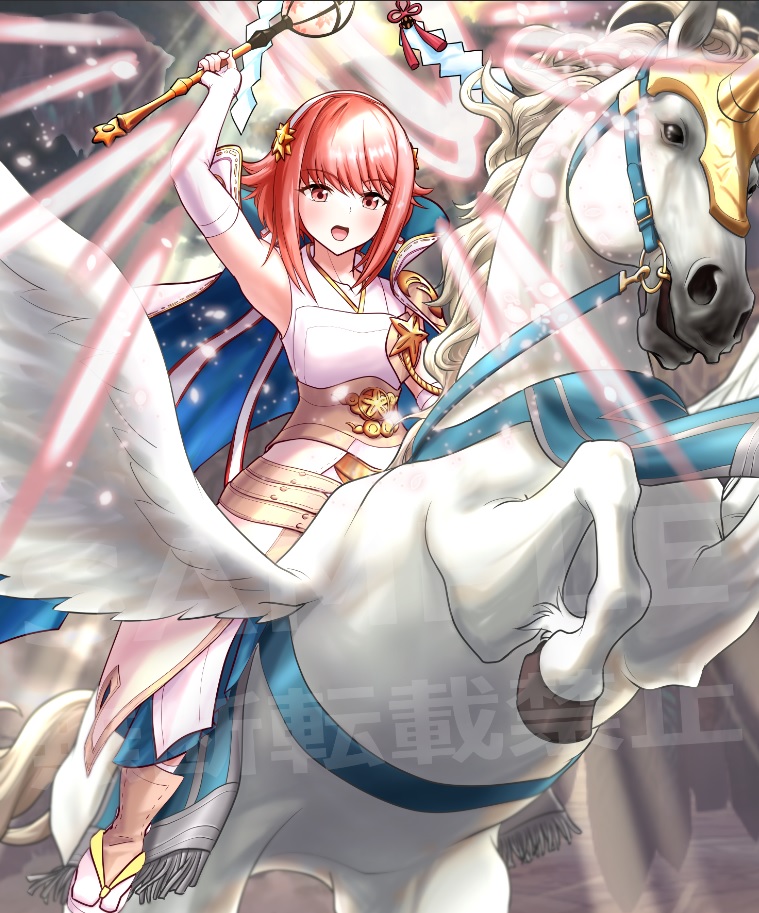 1girl cape casting_spell cheesecake_(artist) cloak dress elbow_gloves fingerless_gloves fire_emblem fire_emblem_fates fire_emblem_heroes gloves hairband holding holding_staff horseback_riding japanese_clothes nintendo official_alternate_costume open_mouth pegasus pegasus_wings pink_eyes pink_hair priestess riding sakura_(fire_emblem) sakura_(in_full_bloom)_(fire_emblem) sandals short_hair solo staff tabi white_cloak white_dress white_gloves