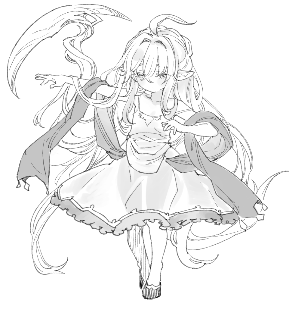 1girl ahoge dress full_body granblue_fantasy greyscale harvin long_hair melissabelle monochrome outstretched_arm pine_(pine-box) pointy_ears prehensile_hair shawl very_long_hair