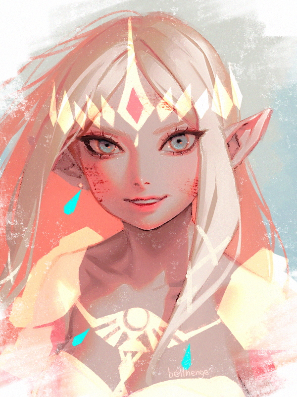 1girl armor artist_name bellhenge blonde_hair blue_eyes breasts cleavage closed_mouth collarbone diadem eyelashes gold_armor gold_diadem hair_ribbon hyrule_warriors lipstick long_hair makeup mascara nintendo petals pink_lips pointy_ears princess_zelda ribbon shoulder_pads sidelocks solo the_legend_of_zelda