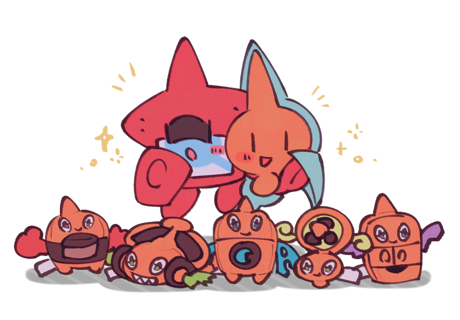 :d :o blush_stickers commentary_request gen_4_pokemon kokemushi_(kuru_fox) nintendo no_humans open_mouth pokemon pokemon_(creature) rotom rotom_(fan) rotom_(frost) rotom_(heat) rotom_(mow) rotom_(normal) rotom_(wash) rotom_dex smile solid_oval_eyes sparkle white_background