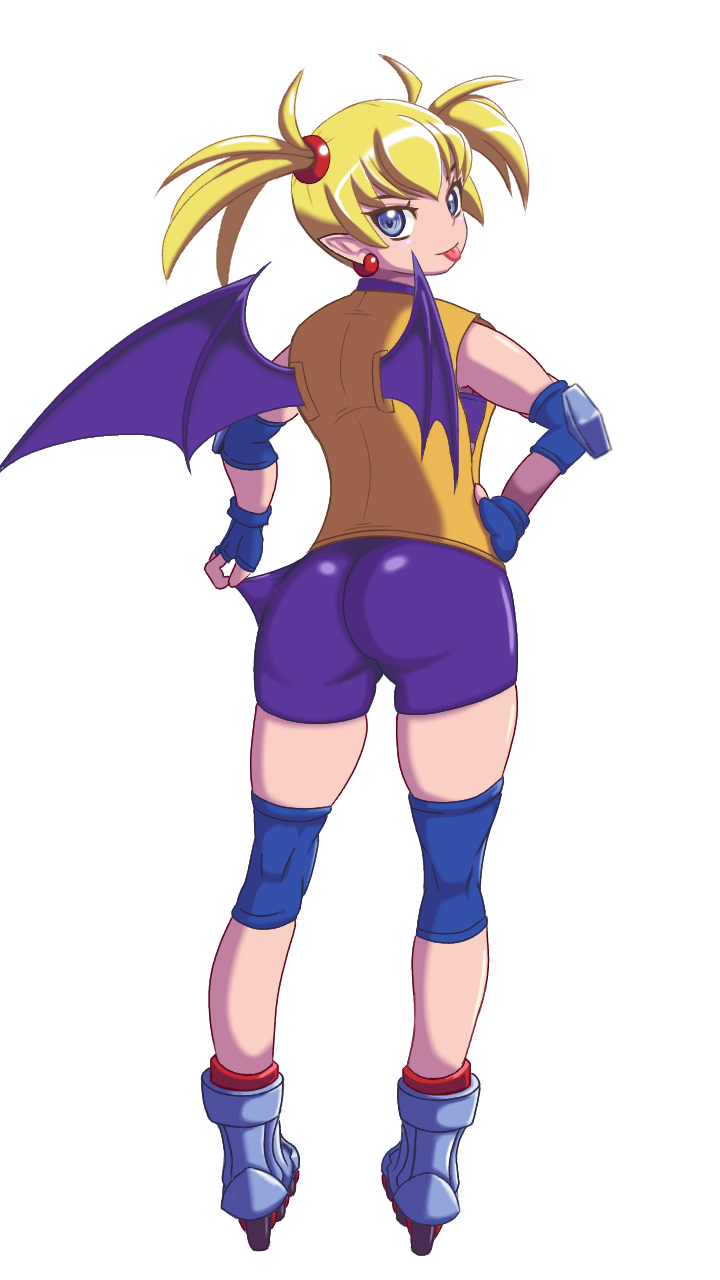 1girl arcana_heart artist_request ass bike_shorts blonde_hair blue_eyes earrings female_focus from_behind highres jewelry lilica_felchenerow long_hair looking_at_viewer pointy_ears roller_skates shiny_clothes shiny_skin short_hair skates smile solo tongue tongue_out twintails wings