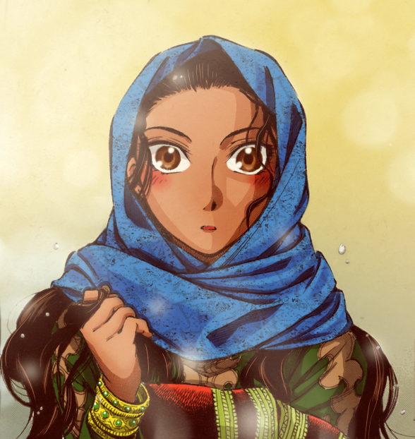 1girl amir_halgal black_hair blush brown_eyes brown_hair colorized covering_head dark-skinned_female dark_skin facing_viewer hand_in_own_hair kazakh_clothes kazakhstan lelapinagile long_hair looking_at_viewer mori_kaoru open_mouth otoyomegatari