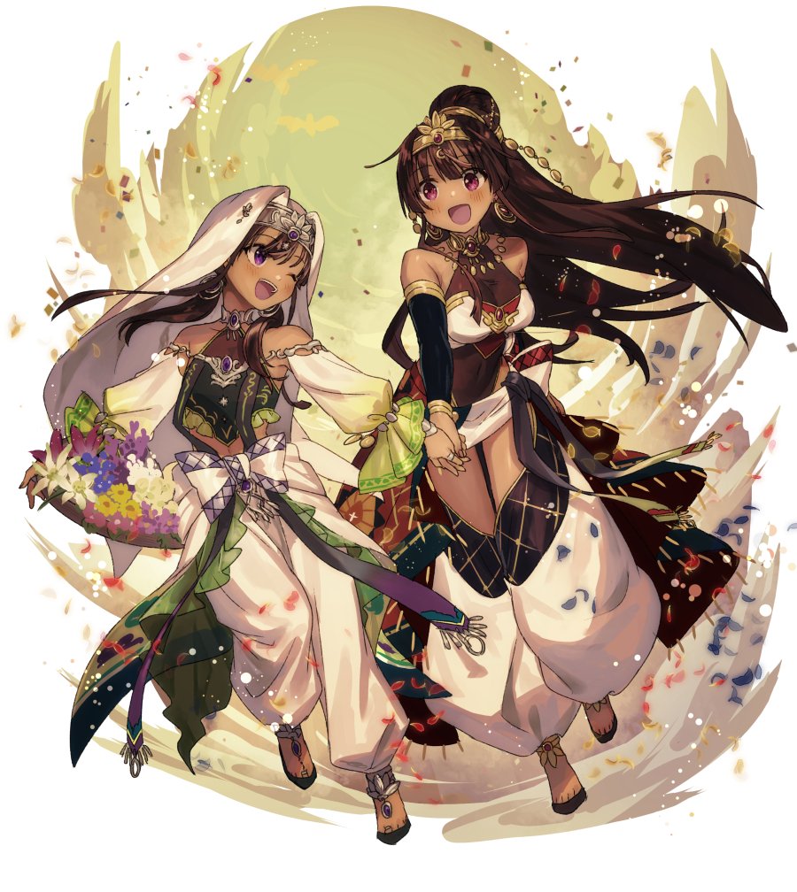 2girls arabian_clothes breasts brown_hair dunyazad_(grimms_notes) earrings flower full_body grimms_notes holding_hands jewelry long_hair multiple_girls necklace one_eye_closed open_mouth ponytail purple_eyes ribbon sacanahen scheherazade_(grimms_notes) smile teeth tiara turban