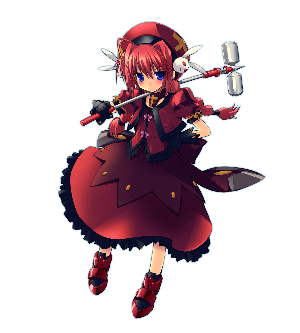 1girl ahoge bad_id bad_pixiv_id blush braid closed_mouth dress female_focus frown gotou_nao graf_eisen hair_ornament hammer hat holding holding_weapon looking_at_viewer lyrical_nanoha magical_girl rabbit_hair_ornament red_dress red_hair red_hat red_shoes shoes simple_background solo standing twin_braids twintails vita_(nanoha) war_hammer weapon white_background