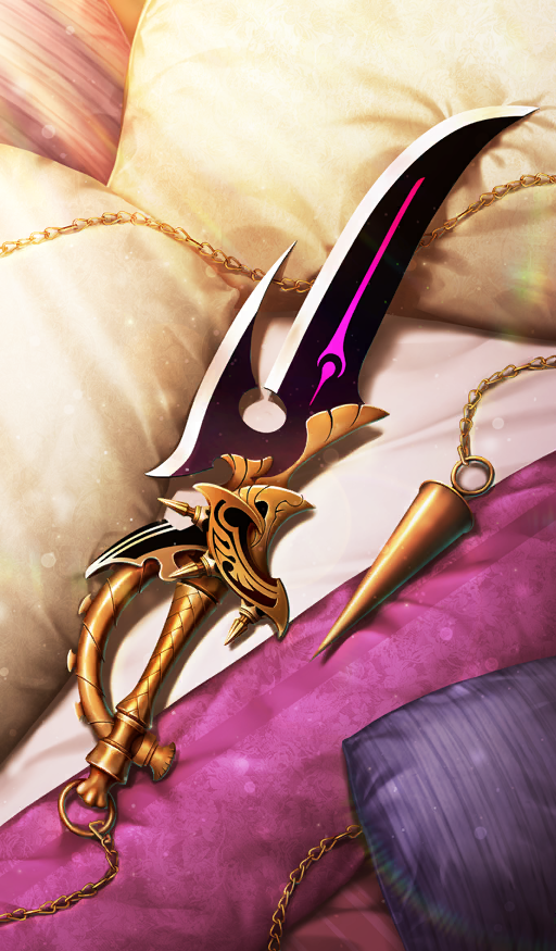 chain chrysaor_(fate) commentary_request dagger fate/grand_order fate_(series) knife lasengle light_particles no_humans official_art pillow still_life sword third-party_source weapon weapon_focus