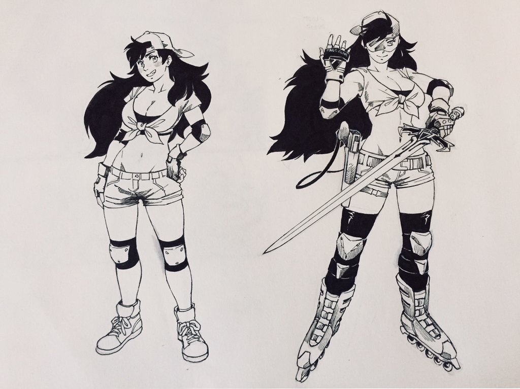 2girls black_hair concept_art long_hair midriff multiple_girls sword tina_otto twistedterra weapon