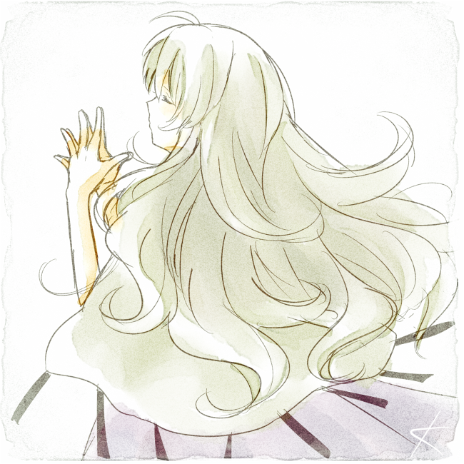 .hack// .hack//games 1girl aura_(.hack//) cloak closed_eyes commentary_request dress kanade_(unchi_knd280) long_hair painting_(medium) signature simple_background sketch solo steepled_fingers traditional_media watercolor_(medium) wavy_hair white_background white_cloak white_dress white_hair