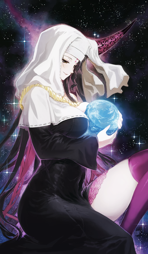 1girl black_background black_dress black_hair black_sky breast_press breasts brown_eyes buddhist_nun commentary dress facial_mark fate/extra fate/extra_ccc fate/grand_order fate_(series) forehead_mark from_side galaxy gold_necklace holding holding_planet horns i-iv_(longman) jewelry large_breasts long_hair necklace official_art pink_hair pink_horns pink_thighhighs planet sessyoin_kiara single_horn skindentation sky smile solo sparkle split_theme star_(sky) starry_sky thighhighs third-party_source veil very_long_hair white_veil