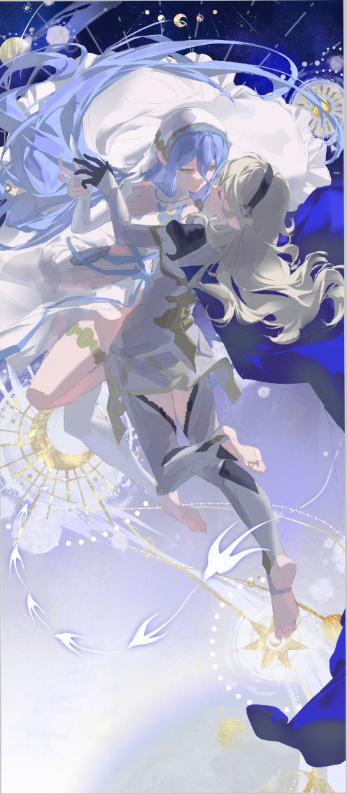 2girls armor azura_(fire_emblem) barefoot black_hairband blue_cape blue_hair cape closed_eyes commentary_request dress female_corrin_(fire_emblem) fire_emblem fire_emblem_fates hairband multiple_girls nintendo pointy_ears toes veil white_dress yellow_eyes yun_(dl2n5c7kbh8ihcx) yuri