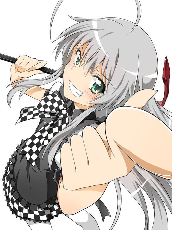 1girl :d ahoge apron black_apron blush bow bowtie checkered_bow checkered_bowtie checkered_clothes checkered_skirt commentary_request cowboy_shot crowbar eyelashes foreshortening frilled_apron frills from_above green_eyes grey_hair grin hair_between_eyes haiyore!_nyaruko-san happy holding holding_crowbar huge_ahoge index_finger_raised long_hair looking_at_viewer nyarlathotep_(nyaruko-san) open_mouth pointing pointing_at_viewer sidelocks simple_background skirt smile solo tareme thighhighs white_background white_thighhighs yuto_(dialique)