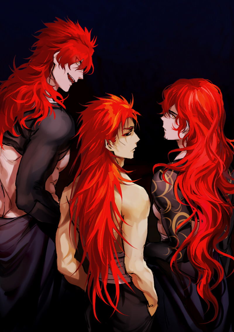 3boys abs bad_id bad_pixiv_id changye color_connection fate/grand_order fate_(series) from_behind hair_color_connection hair_down li_shuwen_(fate) li_shuwen_(young)_(fate) long_hair male_focus mori_nagayoshi_(fate) multiple_boys muscular muscular_male nagatekkou okada_izou_(second_ascension)_(fate) red_hair sarashi sharp_teeth teeth wavy_hair
