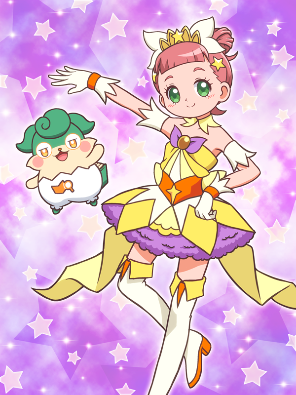 1girl 1other chouno_hikari cocotama_(series) cure_twinkle gloves go!_princess_precure kamisama_minarai:_himitsu_no_cocotama kato-shun nichie_(cocotama) precure voice_actor_connection yamamura_hibiku_(voice_actor)