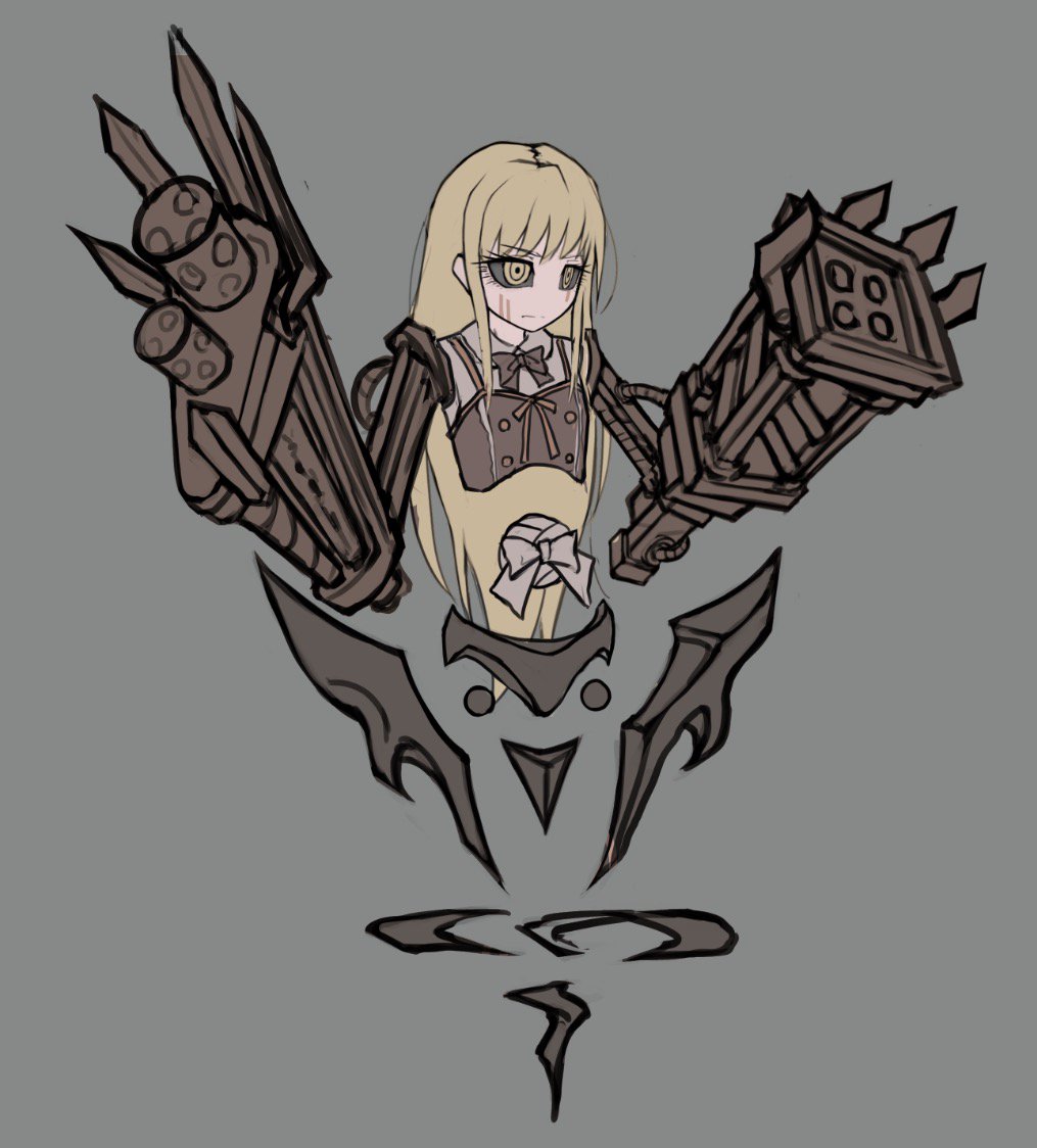 1girl black_sclera blonde_hair bow bowtie brown_bow brown_bowtie colored_sclera facial_mark female_focus grey_background gun long_hair looking_at_viewer no_feet original ray-k ringed_eyes simple_background solo weapon yellow_eyes