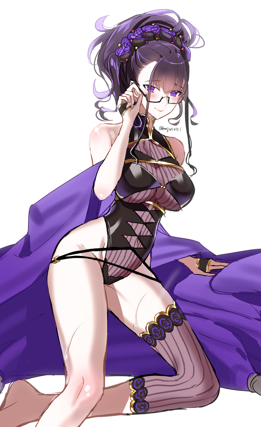 1girl adjusting_eyewear black-framed_eyewear black_hair blush breasts closed_mouth commentary_request fate/grand_order fate_(series) glasses hair_between_eyes hair_ornament highleg highleg_one-piece_swimsuit highres large_breasts murasaki_shikibu_(fate) murasaki_shikibu_(swimsuit_rider)_(fate) murasaki_shikibu_(swimsuit_rider)_(first_ascension)_(fate) on_one_knee one-piece_swimsuit ponytail purple_eyes purple_shawl sentaku_nori shawl short_ponytail simple_background single_thighhigh smile solo swimsuit thighhighs thighs twitter_username wet white_background