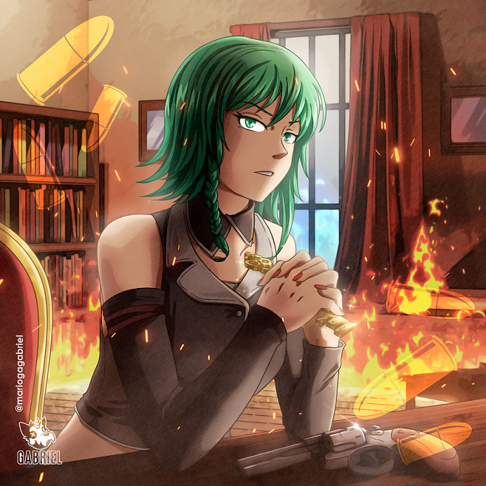 1girl arson bare_shoulders bookshelf braid bullet chair collared_jacket commentary crop_top curtains desk detached_collar detached_sleeves elbow_rest embers evillious_nendaiki green_eyes green_hair grey_jacket grey_sleeves grim_the_end gumi gun handgun holding holding_key indoors interlocked_fingers jacket key looking_at_viewer mario_gagabriel midriff nemesis_no_juukou_(vocaloid) nemesis_sudou own_hands_clasped own_hands_together parted_lips red_nails revolver short_hair side_braid sidelocks sideways_glance solo vessel_of_sin vocaloid weapon window
