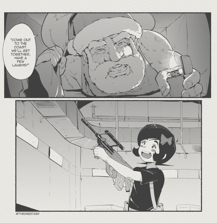 1boy 1girl 2koma air_duct assault_rifle beard blood blood_on_clothes bow bullpup christmas comic commentary crawling die_hard english_commentary english_text facial_hair gun hair_bow hat holding holding_gun holding_sack holding_weapon holly_(tyrone) lighter muscular muscular_male parody rifle sack santa_claus santa_hat scene_reference speech_bubble steyr_aug tank_top thick_eyebrows tooth_gap tyrone weapon zippo_lighter