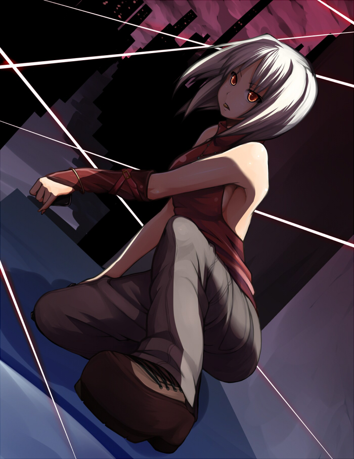428 428:_fuusa_sareta_shibuya_de aoinagi canaan_(character) canaan_(series) chunsoft glowing glowing_eyes red_eyes short_hair solo white_hair
