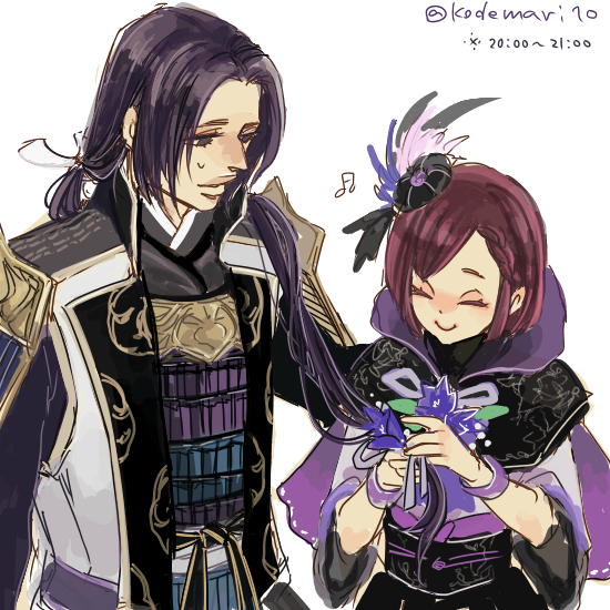 akechi_mitsuhide armor black_eyes black_hair capelet closed_eyes feather_hair_ornament hair_ornament hosokawa_gracia japanese_clothes kimono obi ponytail red_hair sash sengoku_musou