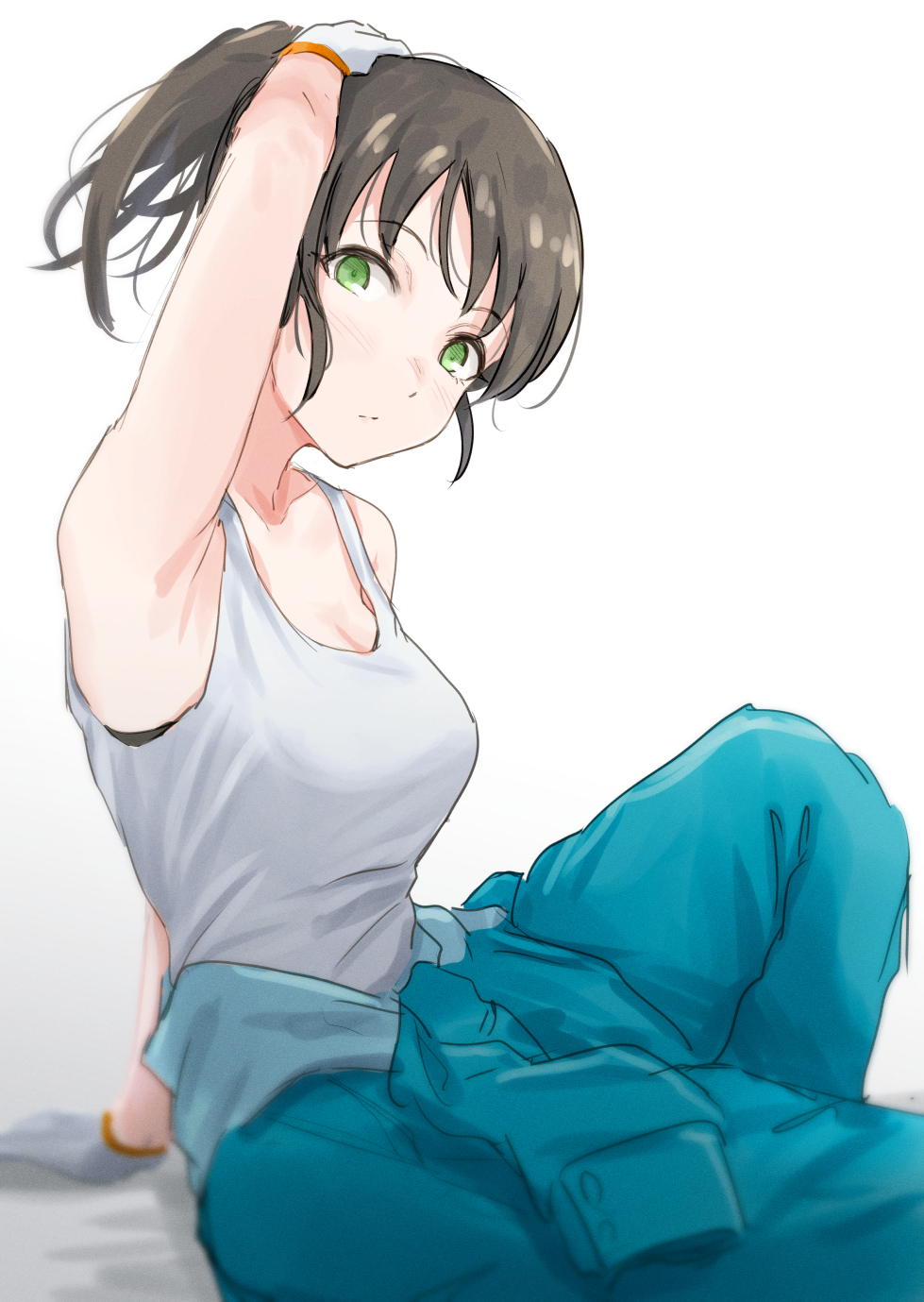 1girl arm_support arm_up armpits black_hair blue_jumpsuit blurry blush breasts cleavage closed_mouth clothes_around_waist collarbone depth_of_field dot_nose from_side gloves green_eyes hand_on_own_head harada_miyo highres idolmaster idolmaster_cinderella_girls idolmaster_cinderella_girls_starlight_stage jumpsuit knee_up large_breasts looking_at_viewer ponytail short_hair simple_background sitting solo tank_top unu_(unucence) white_background white_gloves white_tank_top work_gloves