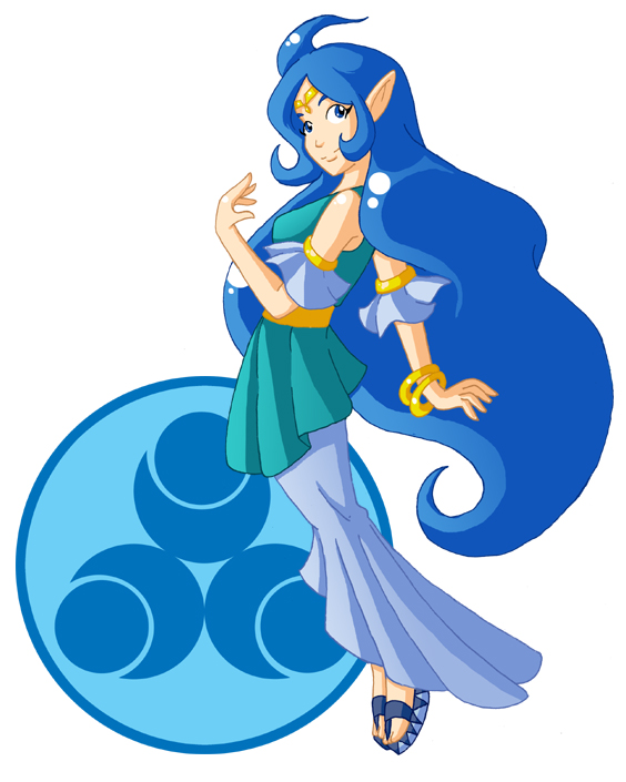 blue_eyes blue_hair bracelet dress jewelry long_hair nayru nintendo pointy_ears sandals smile the_legend_of_zelda the_legend_of_zelda:_oracle_of_ages tiara