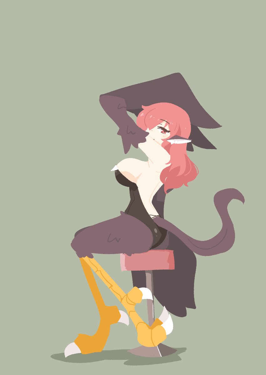 1girl animal_ears arm_up backless_leotard big_o_pants bird_ears bird_legs bird_tail black_feathers black_wings breasts feathers fio-chan_(big_o_pants) green_background hair_over_one_eye harpy highleg highleg_leotard highres large_breasts leotard long_hair monster_girl original red_eyes red_hair sideboob simple_background sitting solo stool tail talons winged_arms wings