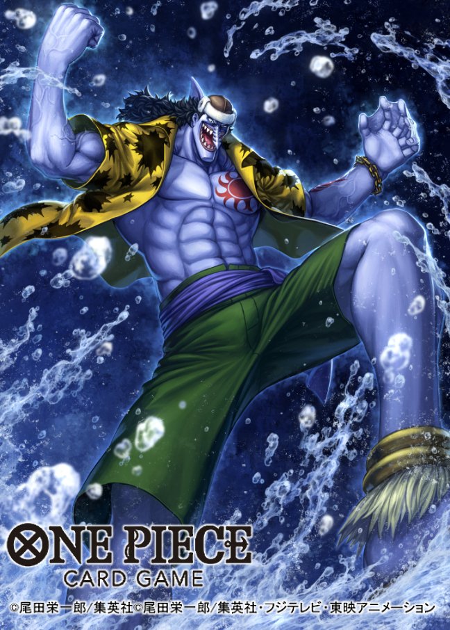 1boy arlong black_hair blue_skin bubble chest_tattoo clenched_hand colored_skin commentary_request copyright_name evil_smile fish_boy green_shorts hat long_hair male_focus muscular muscular_male official_art one_piece one_piece_card_game open_mouth sash shirt shorts smile solo tatsuya_(atelier_road) tattoo underwater veins yellow_shirt