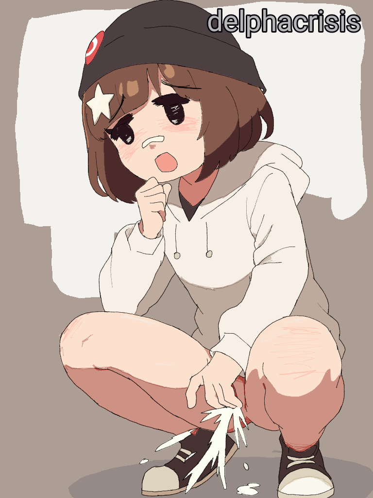 1girl bandaid bandaid_on_face bandaid_on_nose beanie black_eyes black_footwear black_hat blush bottomless brown_hair character_request delpha_crisis female_ejaculation friday_night_funkin&#039; grey_background grey_hoodie hair_ornament hat hood hoodie long_sleeves looking_down masturbation open_mouth orgasm pussy shoes short_hair sneakers squatting star_(symbol) star_hair_ornament