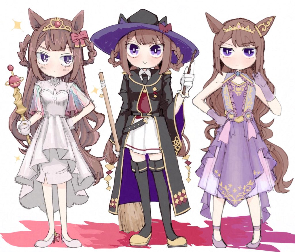 1girl animal_ears black_boots black_hat black_necktie boots braid braided_hair_rings bright_pupils broom brown_hair commentary dress full_body gloves hair_bun hair_rings half_updo hat high-low_dress holding holding_broom holding_staff horse_ears horse_girl horse_tail kawakami_(kwkm_g) long_hair long_sleeves medium_dress multiple_views necktie official_alternate_costume purple_dress purple_eyes purple_gloves red_vest sidelocks single_side_bun skirt skirt_under_dress staff sweep_tosho_(realize_rune)_(umamusume) sweep_tosho_(umamusume) tail thigh_boots tiara umamusume vest white_background white_dress white_pupils white_skirt witch_hat