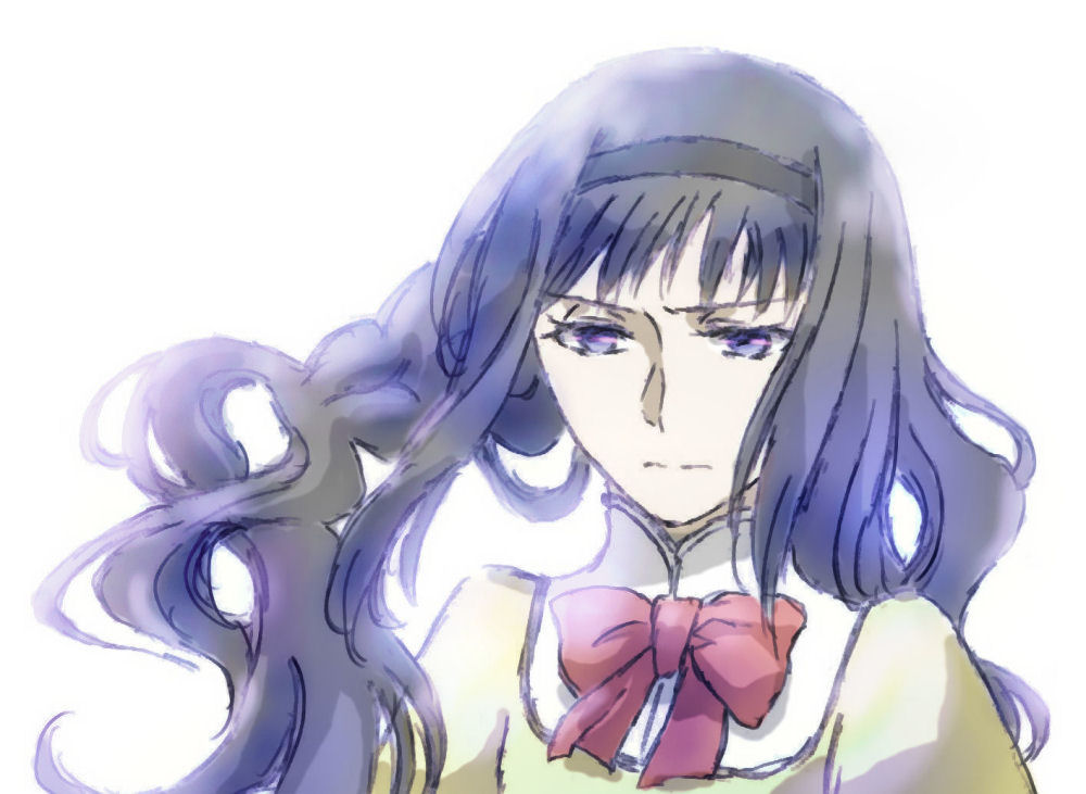 10s 1girl akemi_homura black_hair bow female_focus hairband jun_(j_u_n0) long_hair looking_at_viewer mahou_shoujo_madoka_magica mahou_shoujo_madoka_magica_(anime) portrait purple_eyes school_uniform simple_background solo white_background