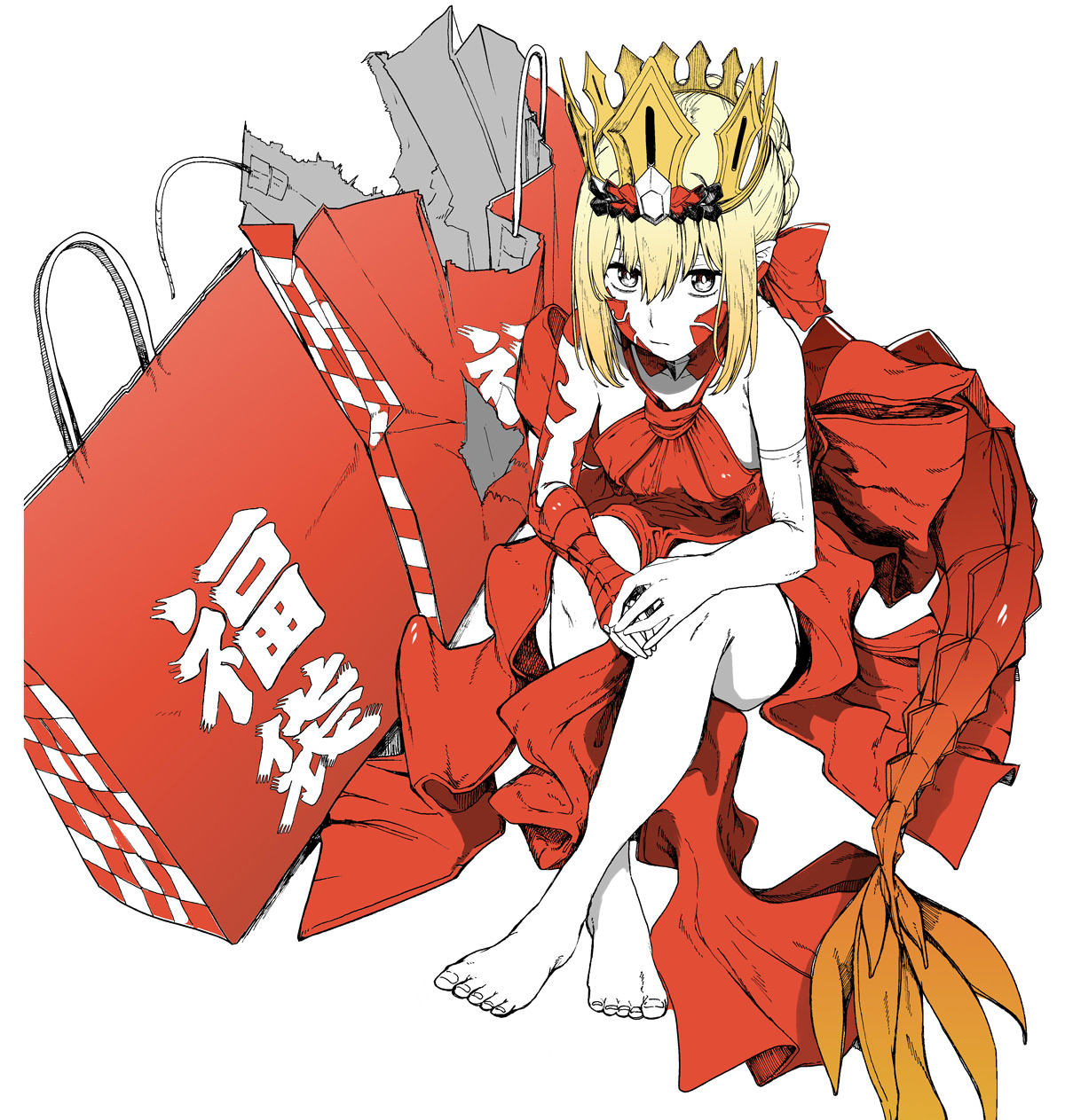 1girl ahoge bare_shoulders barefoot blonde_hair braid breasts crown dragon_tail dress elbow_gloves facial_mark fate/grand_order fate_(series) french_braid gloves gold_crown hair_bun hair_intakes hair_ribbon highres long_hair looking_at_viewer nero_claudius_(fate) pointy_ears queen_draco_(fate) queen_draco_(first_ascension)_(fate) red_dress red_ribbon ribbon scales single_glove sitting small_breasts solo syatey tail white_gloves