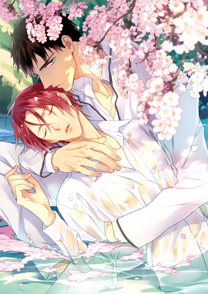 2boys black_hair blue_eyes cherry_blossoms closed_eyes collarbone collared_shirt free! hair_between_eyes hug in_water looking_at_viewer male_focus matsuo_shin matsuoka_rin multiple_boys nipples open_mouth outdoors pants partially_submerged red_hair see-through_clothes shirt short_hair sleeping tree_shade water wet wet_clothes white_pants white_shirt yamazaki_sousuke yaoi