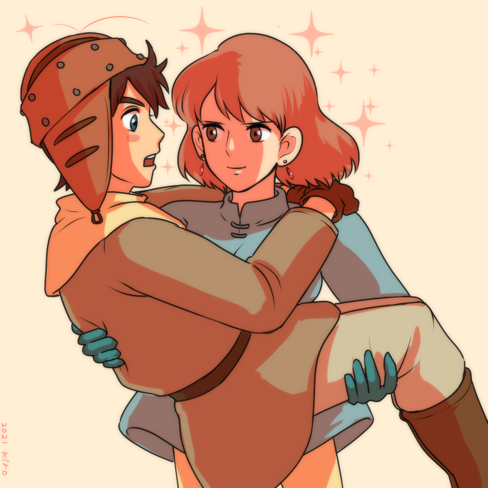 1boy 1girl artist_name asbel_(nausicaa) belt blue_eyes blue_gloves blue_shirt blush_stickers boots brown_eyes brown_footwear brown_gloves brown_hair brown_shirt carrying commentary dated earrings gloves grey_pants helmet jewelry kaze_no_tani_no_nausicaa kiromnnk looking_at_another nausicaa open_mouth pants pilot_helmet princess_carry red_hair shirt short_hair simple_background smile sparkle symbol-only_commentary teeth upper_teeth_only
