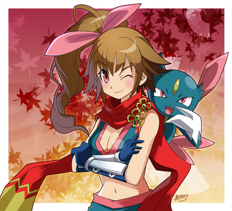 blush breasts brown_hair claws cleavage crop_top drill_hair game_freak gen_2_pokemon gloves hair_between_eyes hair_ribbon kunoichi_(sengoku_musou) leaf lips medium_breasts navel ninja nintendo one_eye_closed pokemon pokemon_conquest ponytail red_eyes red_ribbon red_scarf ribbon scarf sengoku_musou shorts side_ponytail smile sneasel vambraces wink