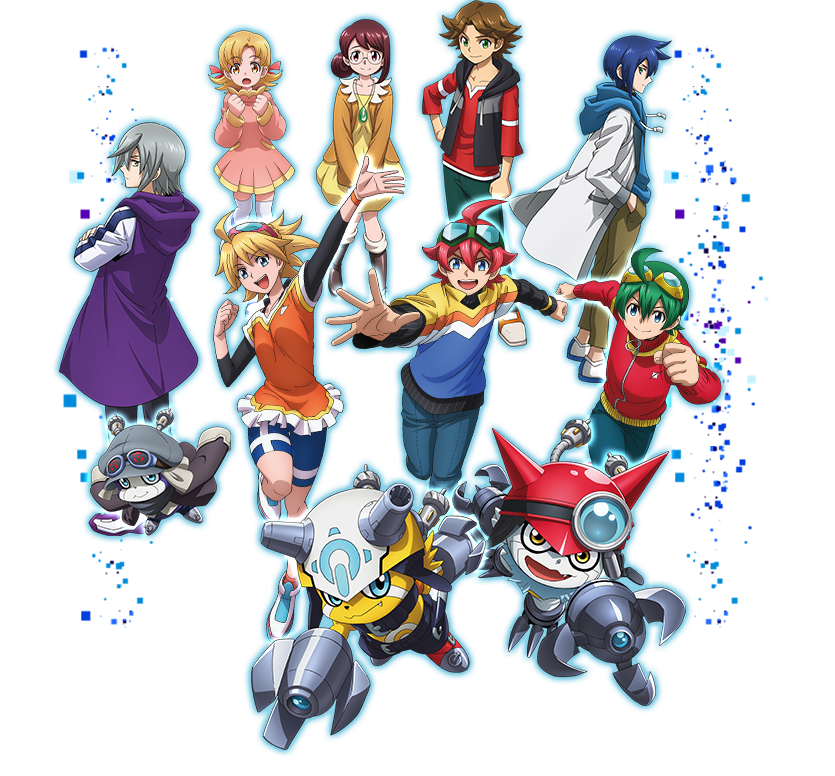 blue_eyes digimon digimon_universe:_appli_monsters fang goggles goggles_on_head hat helmet horns itsuki_(digimon) kazuki_(digimon) makoto_(appmon) mio_(digimon) naoto_(digimon) official_art offmon onmon ouji_(digimon) shinkai_haru smile yellow_eyes yukari_(digimon)