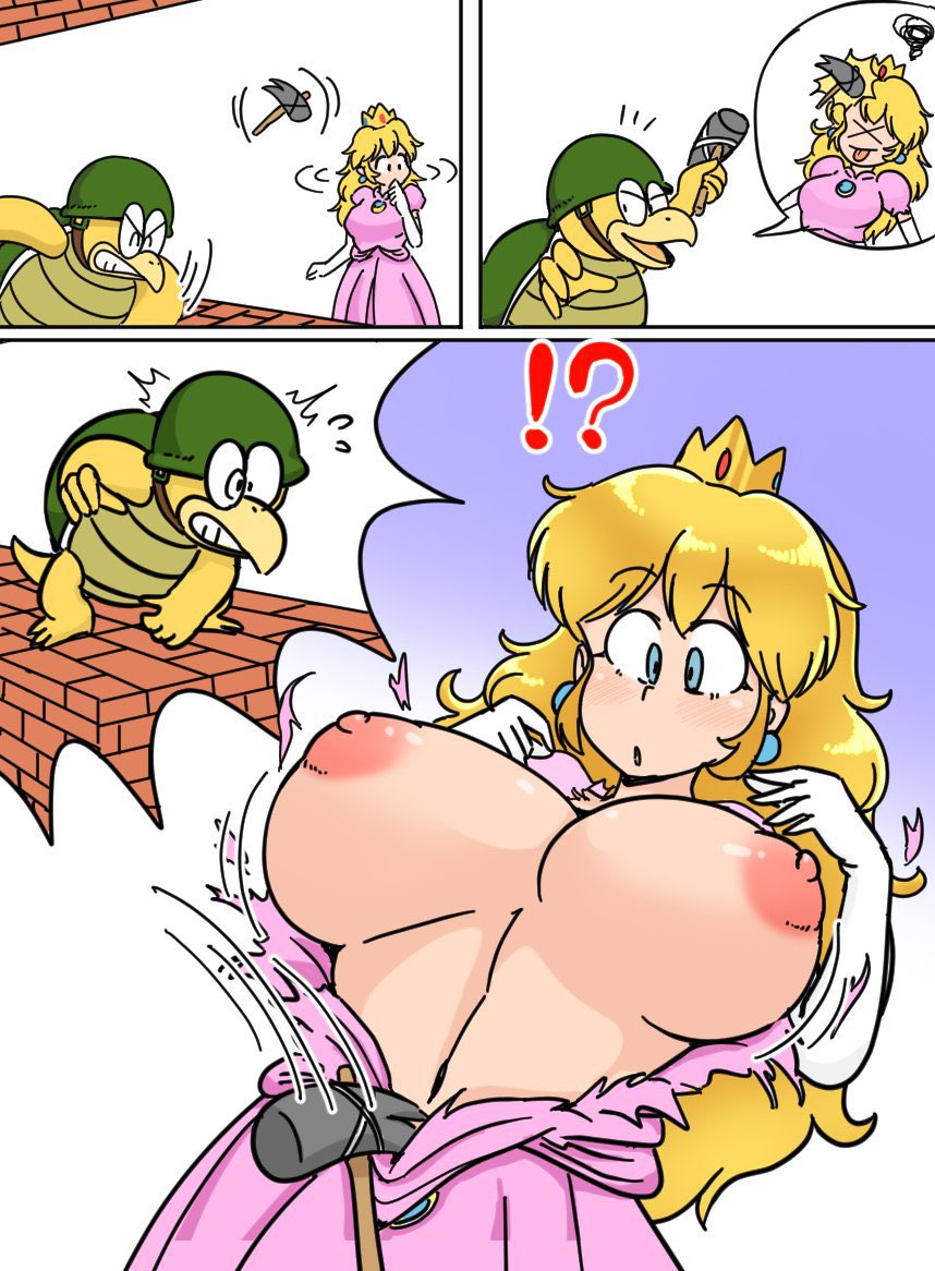 !? 1girl blonde_hair blue_eyes breasts breasts_out crown dress earrings gloves hammer hammer_bro huge_breasts jewelry long_hair mario_(series) nintendo nipples princess_peach sugar_(zucker) super_mario_bros._1 torn_clothes torn_dress