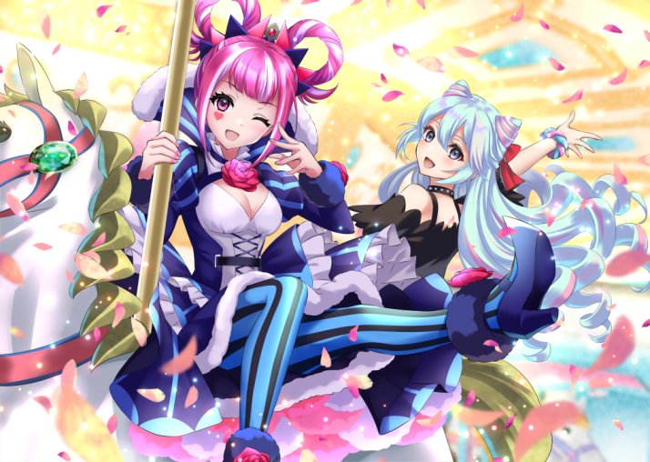 1boy 1girl :d androgynous aqua_pantyhose bare_shoulders blue_eyes blue_hair bow breasts cleavage cone_hair_bun cross-laced_clothes cross-laced_dress dress drill_hair facial_mark fire_emblem fire_emblem_engage folded_twintails hair_between_eyes hair_bow hair_bun hair_flaps hair_rings heart heart_facial_mark heart_tattoo hortensia_(fire_emblem) kakiko210 light_blue_hair long_hair long_sleeves looking_at_viewer looking_back medium_breasts multicolored_hair nintendo one_eye_closed open_mouth pantyhose pegasus pink_eyes pink_hair rosado_(fire_emblem) sidelocks smile solo striped_clothes striped_dress tattoo trap two-tone_hair two-tone_pantyhose vertical-striped_clothes vertical-striped_dress