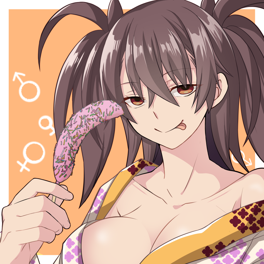 1girl breasts brown_eyes brown_hair candy dr._arach food hirakawa japanese_clothes kimono large_breasts looking_at_viewer smile tongue tongue_out tsukihime tsukihime_(remake) twintails