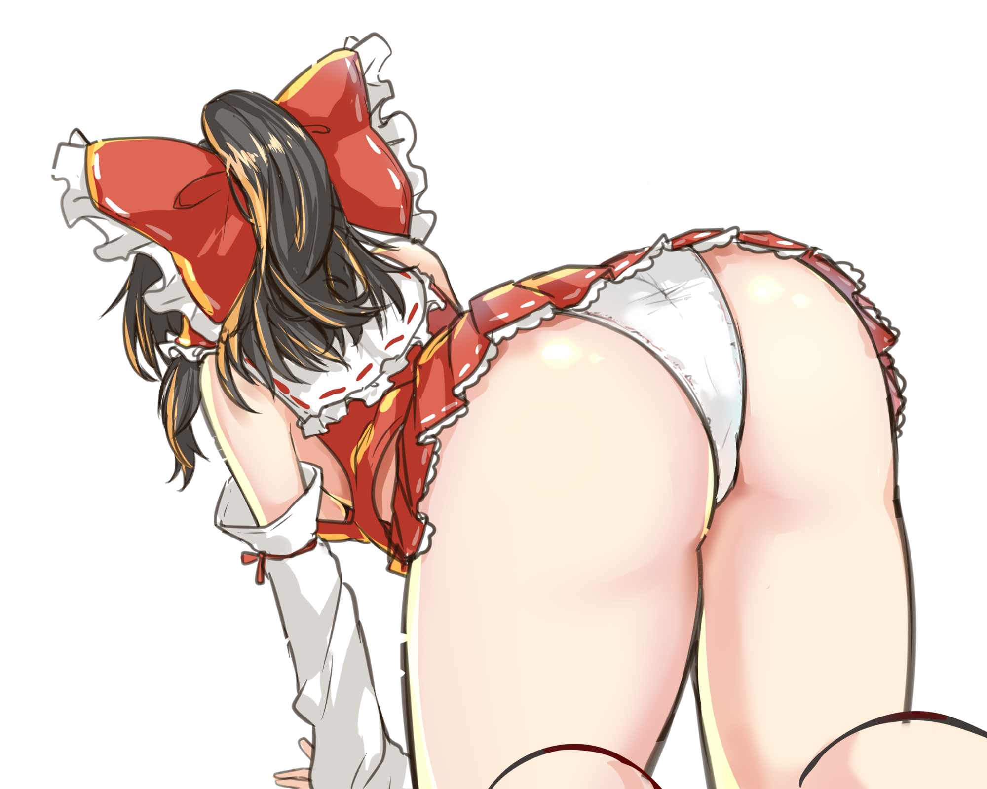 1girl all_fours ass ass_focus bow breasts detached_sleeves hakurei_reimu highres japanese_clothes medium_hair miko miniskirt panties pantyshot red_bow red_shirt red_skirt shirt simple_background skirt solo take_no_ko thighs touhou underwear upskirt white_background white_panties