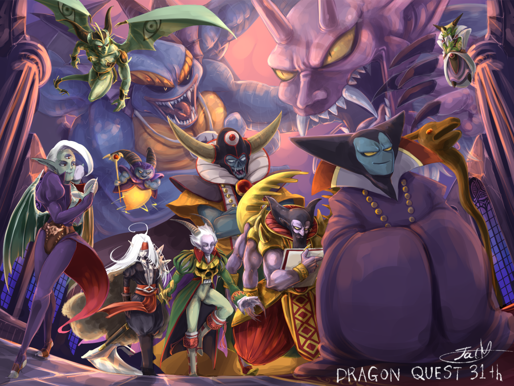1980s_(style) 6+boys ahoge anniversary blue_skin coattails colored_skin column commentary_request copyright_name deathtamor demon_boy demon_wings dragon_lord dragon_quest dragon_quest_i dragon_quest_ii dragon_quest_iii dragon_quest_iv dragon_quest_ix dragon_quest_v dragon_quest_vi dragon_quest_vii dragon_quest_viii dragon_quest_x ergius evil_smile floating green_skin kale long_hair madesagora male_focus mildrath multiple_boys nelgel oldschool orgo_demira pelvic_curtain pillar pisaro purple_skin rhapthorne sidoh smile smirk staff stirrups_(riding) white_hair wings zoma