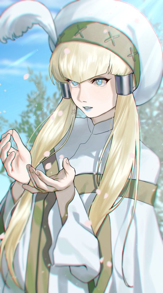 1girl blonde_hair blue_eyes blue_lips dianna_soreil gundam hair_ornament hat hat_feather lipstick long_hair makeup robe sidelocks solo turn_a_gundam ususio_11 white_robe