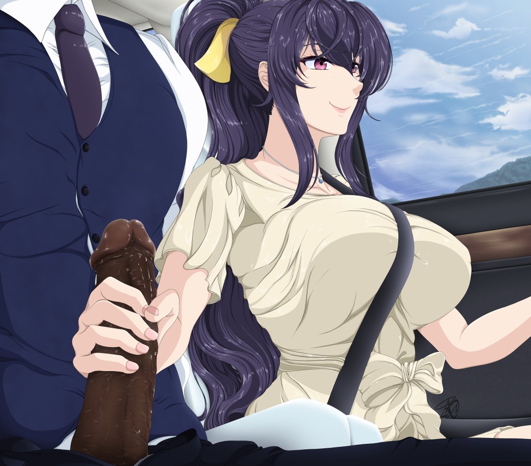 couple dark-skinned_male dark_penis dark_skin driving high_ponytail high_school_dxd himejima_akeno non-web_source penis ponytail purple_eyes ribbon smile yellow_ribbon