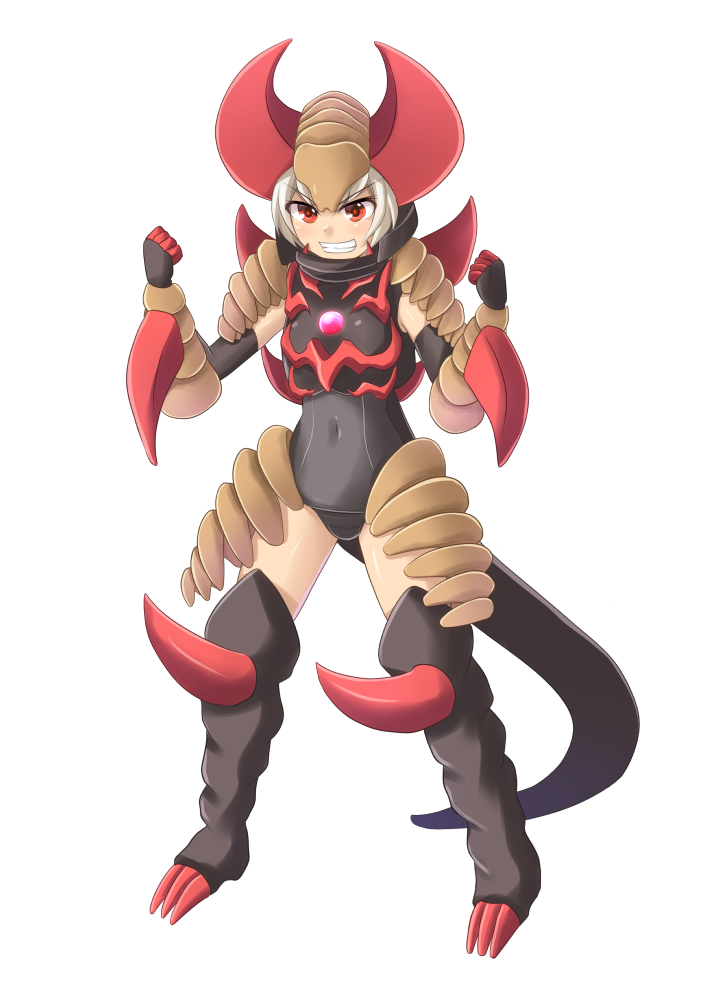 1girl armor black_footwear black_gloves black_leotard blush boots brown_armor claws cross_(crossryou) fusion gloves gomora grin headgear horns knee_boots leotard looking_at_viewer monster_girl red_armor red_eyes red_gloves red_king_(ultra_series) short_hair skull_gomora smile standing teeth ultra_series ultraman_geed_(series) white_background white_hair