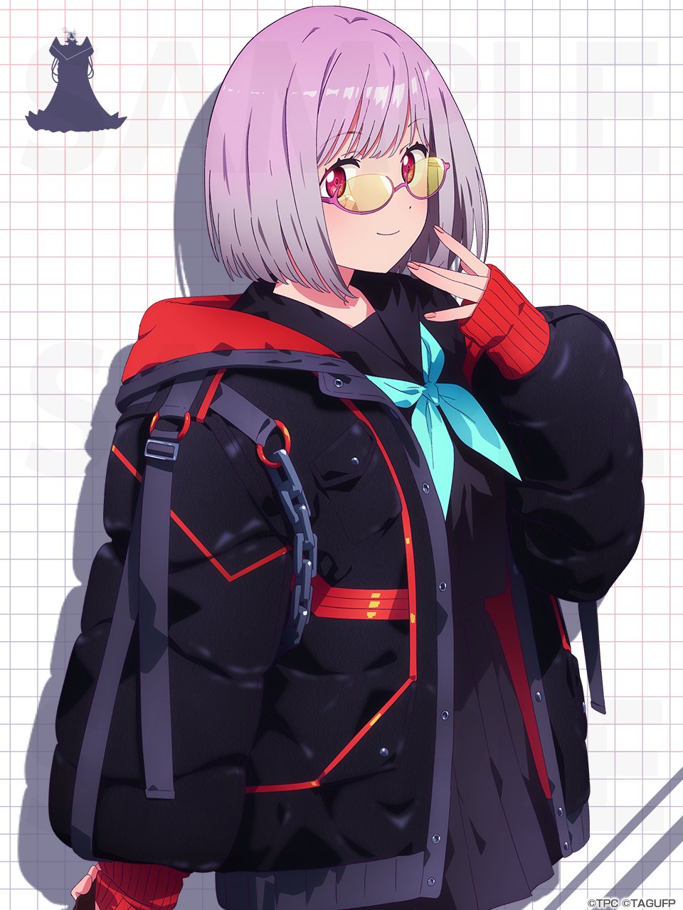 1girl alexis_kerib black_jacket black_sailor_collar black_skirt bow breasts chain gridman_universe highres jacket long_sleeves looking_at_viewer neckerchief official_art purple_hair red_eyes sailor_collar school_uniform serafuku shinjou_akane shirt short_hair skirt smile ssss.gridman