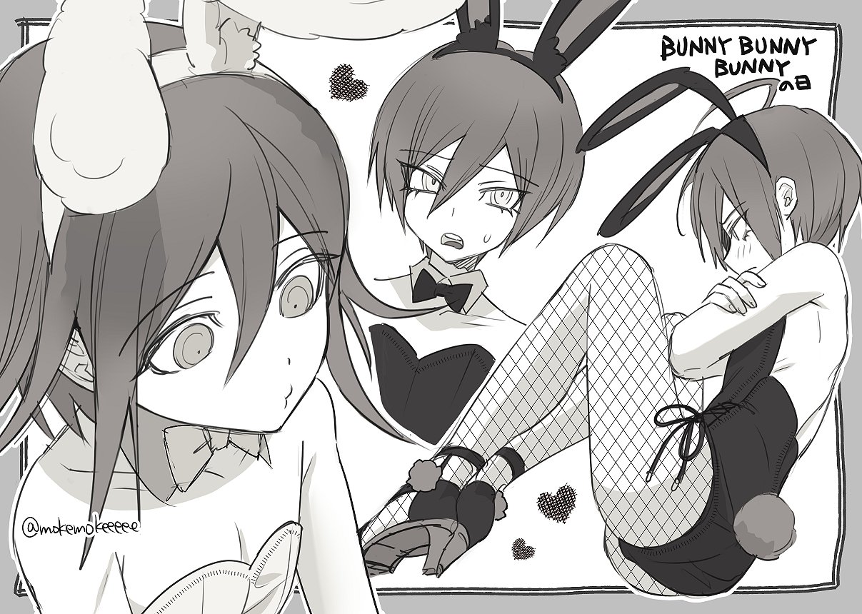 2boys ahoge animal_ears backless_leotard bare_shoulders black_hair black_leotard blush bow bowtie commentary crossdressing crossed_arms danganronpa_(series) danganronpa_v3:_killing_harmony detached_collar embarrassed english_text eyelashes fake_animal_ears fake_tail fishnet_pantyhose fishnets flipped_hair from_side greyscale hair_between_eyes heart high_heels highleg highleg_leotard knees_up leotard long_sleeves male_focus male_playboy_bunny medium_hair mokemokeeeee monochrome multiple_boys oma_kokichi open_mouth pantyhose playboy_bunny pout rabbit_ears rabbit_tail ringed_eyes saihara_shuichi short_hair simple_background sitting smile strapless strapless_leotard sweatdrop tail trap twitter_username