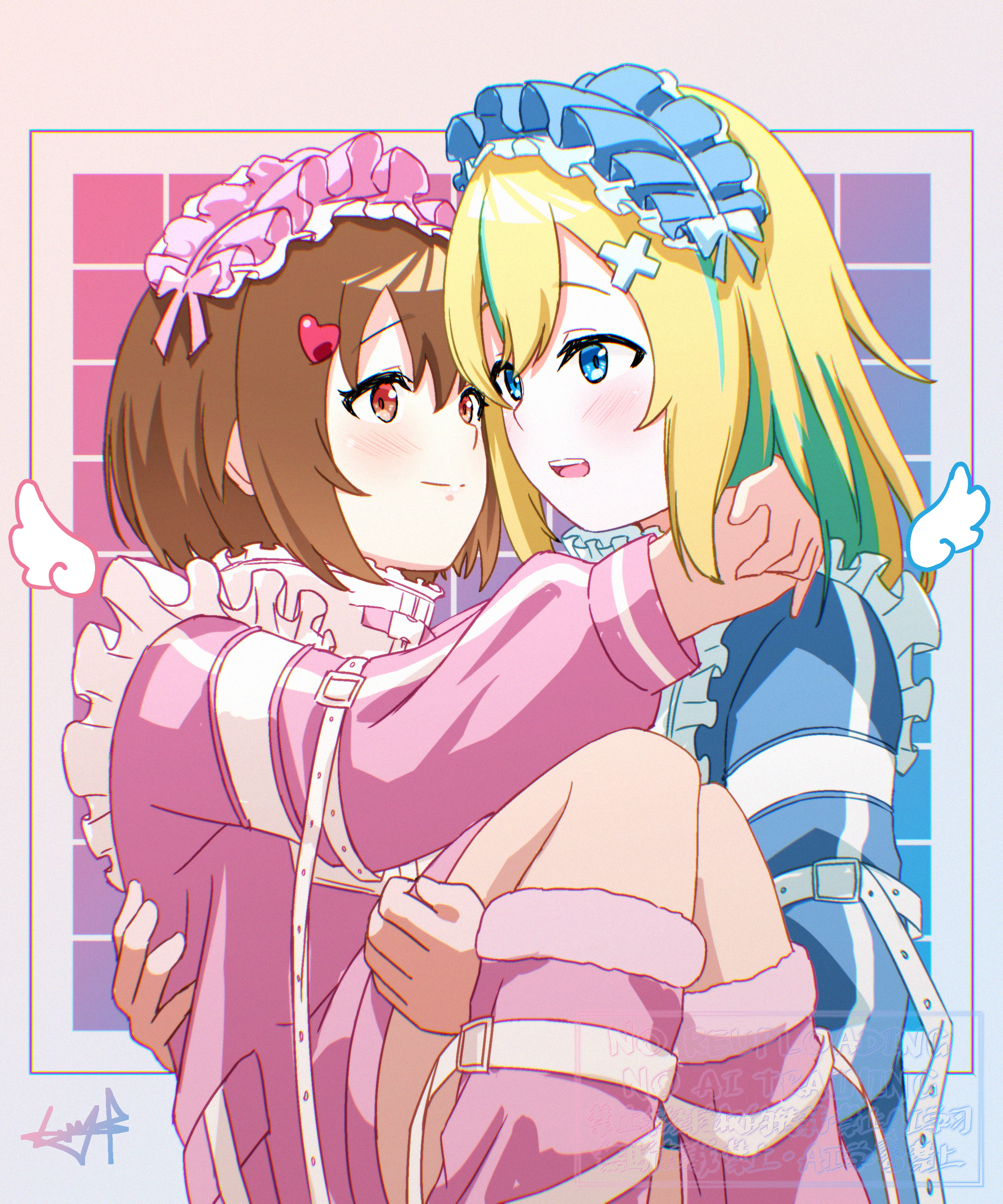 2girls absurdres blonde_hair blue_eyes blue_jacket blush brown_hair carrying closed_mouth colored_inner_hair commentary green_hair heart heart-shaped_hair highres hug jacket jersey_maid kouzuki_mahiru leg_warmers long_hair looking_at_another maid maid_headdress multicolored_hair multiple_girls mutsuki_(mutsuki0110) open_mouth pink_jacket pink_leg_warmers princess_carry short_hair sidelocks signature symbol-only_commentary teeth unconventional_maid upper_teeth_only yamanouchi_kano yoru_no_kurage_wa_oyogenai yuri