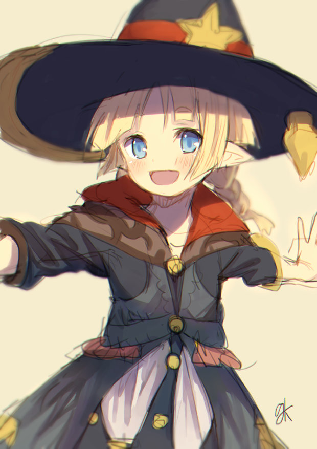 1girl bad_id bad_pixiv_id blonde_hair blue_eyes blush braid elf female_focus great_kichi hat juno_bernal open_mouth pointy_ears pop-up_story smile solo twin_braids witch_hat