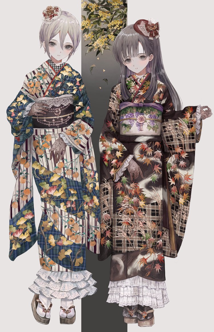 2girls black_hair blush commentary_request full_body ginkgo_leaf ginkgo_leaf_print grey_hair hat idolmaster idolmaster_cinderella_girls kobayakawa_sae leaf leaf_print long_hair looking_at_viewer maple_leaf maple_leaf_print mini_hat multiple_girls obi oden100 platform_footwear sash shiomi_syuko short_hair straight_hair tabi