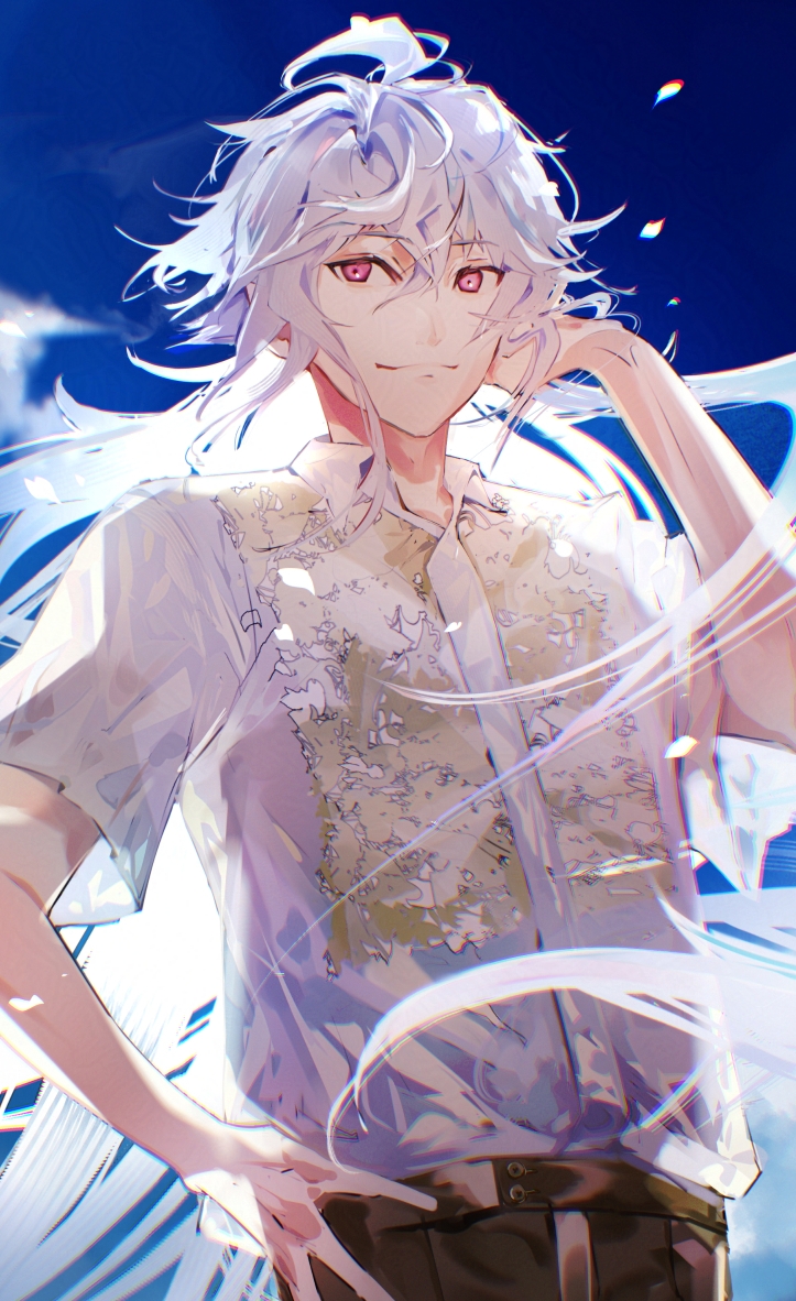 1boy adjusting_hair ahoge alternate_costume belt blue_sky brown_pants collared_shirt fate/grand_order fate_(series) hanako_(onikutabetaiyo) hand_on_own_hip long_hair merlin_(fate) pants petals pink_eyes shirt short_sleeves sky solo standing white_hair white_shirt